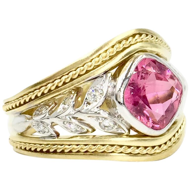 18 Karat Two-Tone Pink Tourmaline and Diamond Leaf Ring For Sale