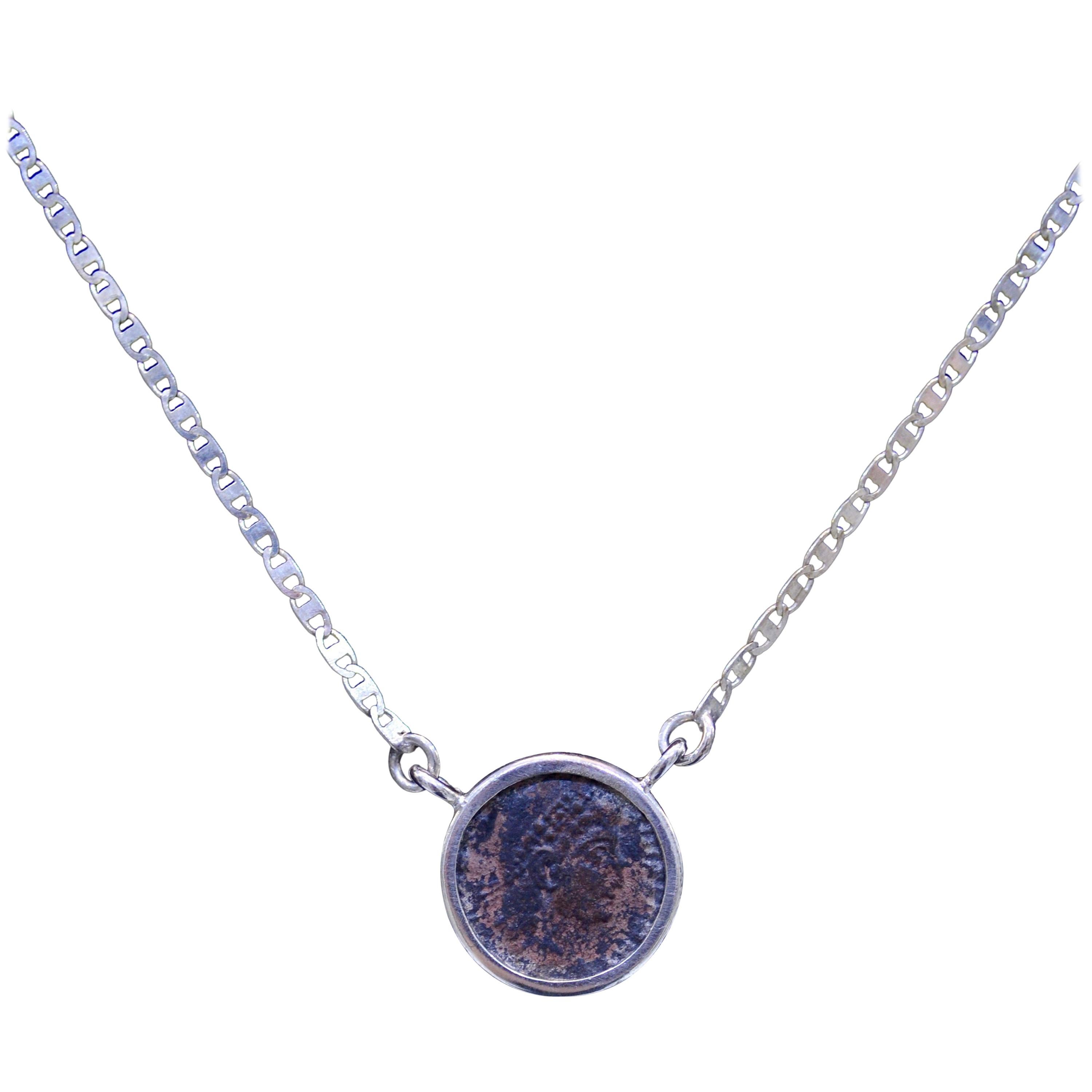 Authentic Roman Coin Silver Necklace For Sale