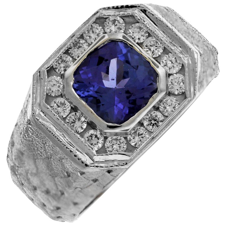 Tanzanite Men's Ring with Diamonds and White Gold Stambolian For Sale at 1stdibs