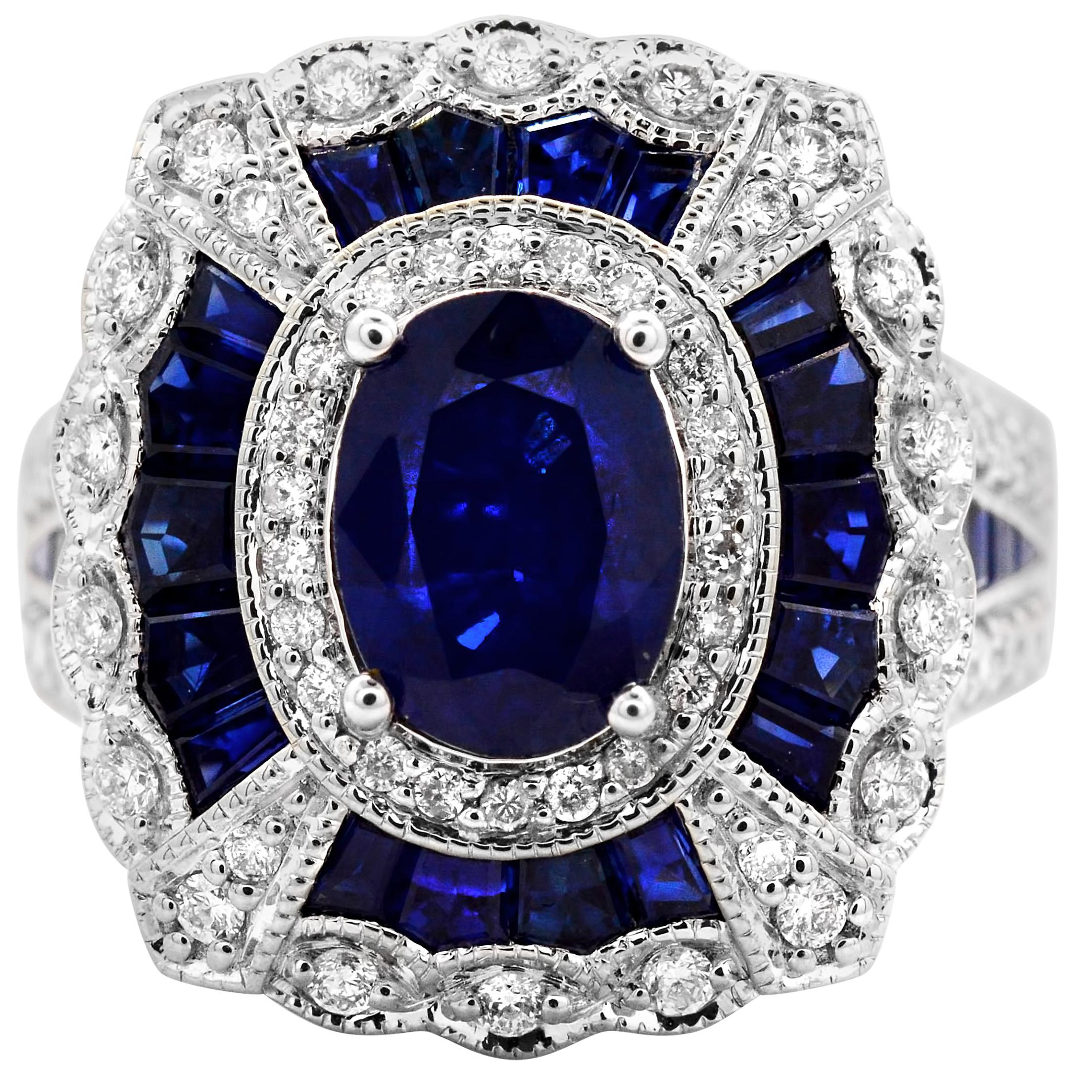 1.71 Oval Sapphire 2.80 Carats Baguettes Diamond 14K White Gold Cocktail Ring For Sale