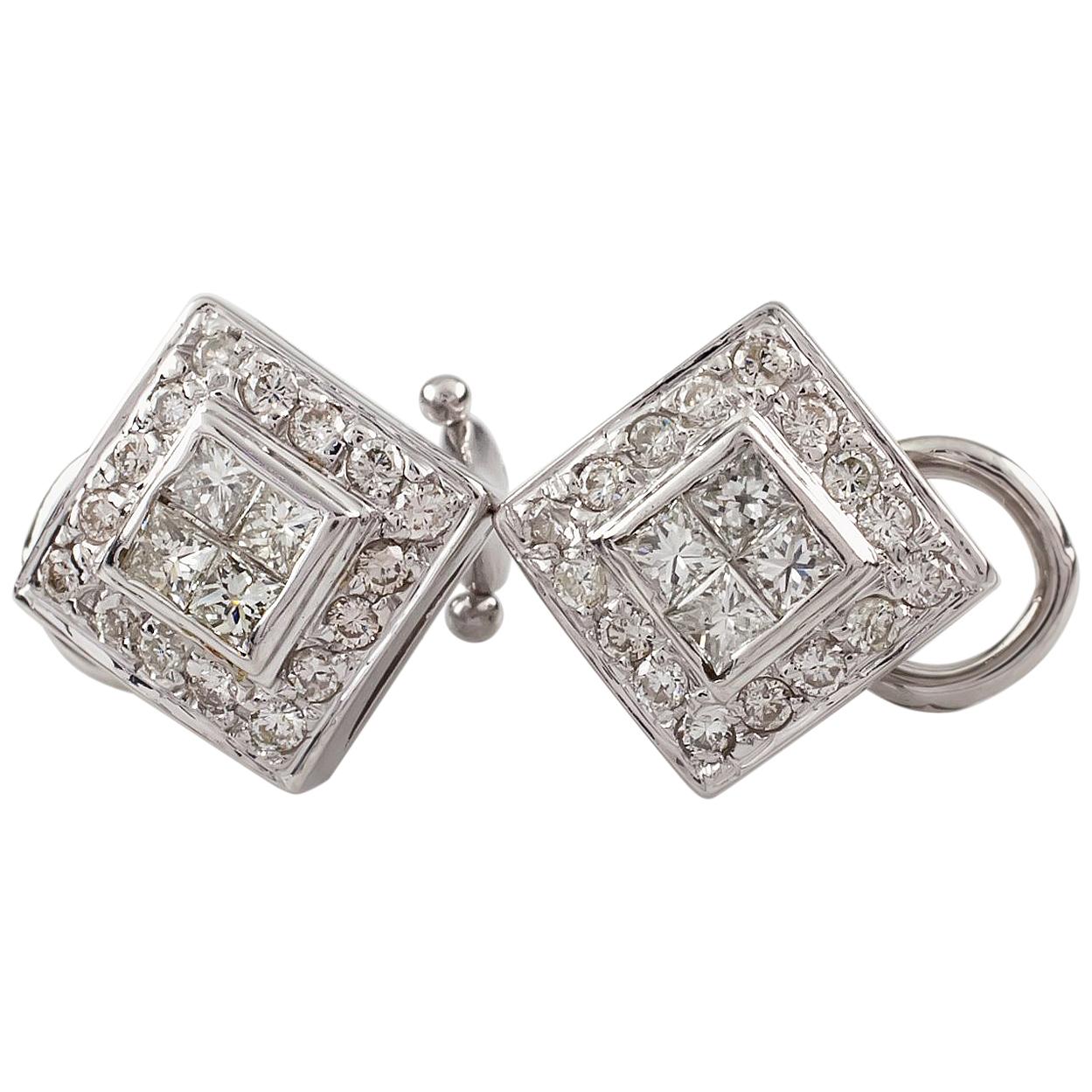 1.80 Carat Diamond 18 Karat White Gold Plaque Earrings with Omega Backs For Sale