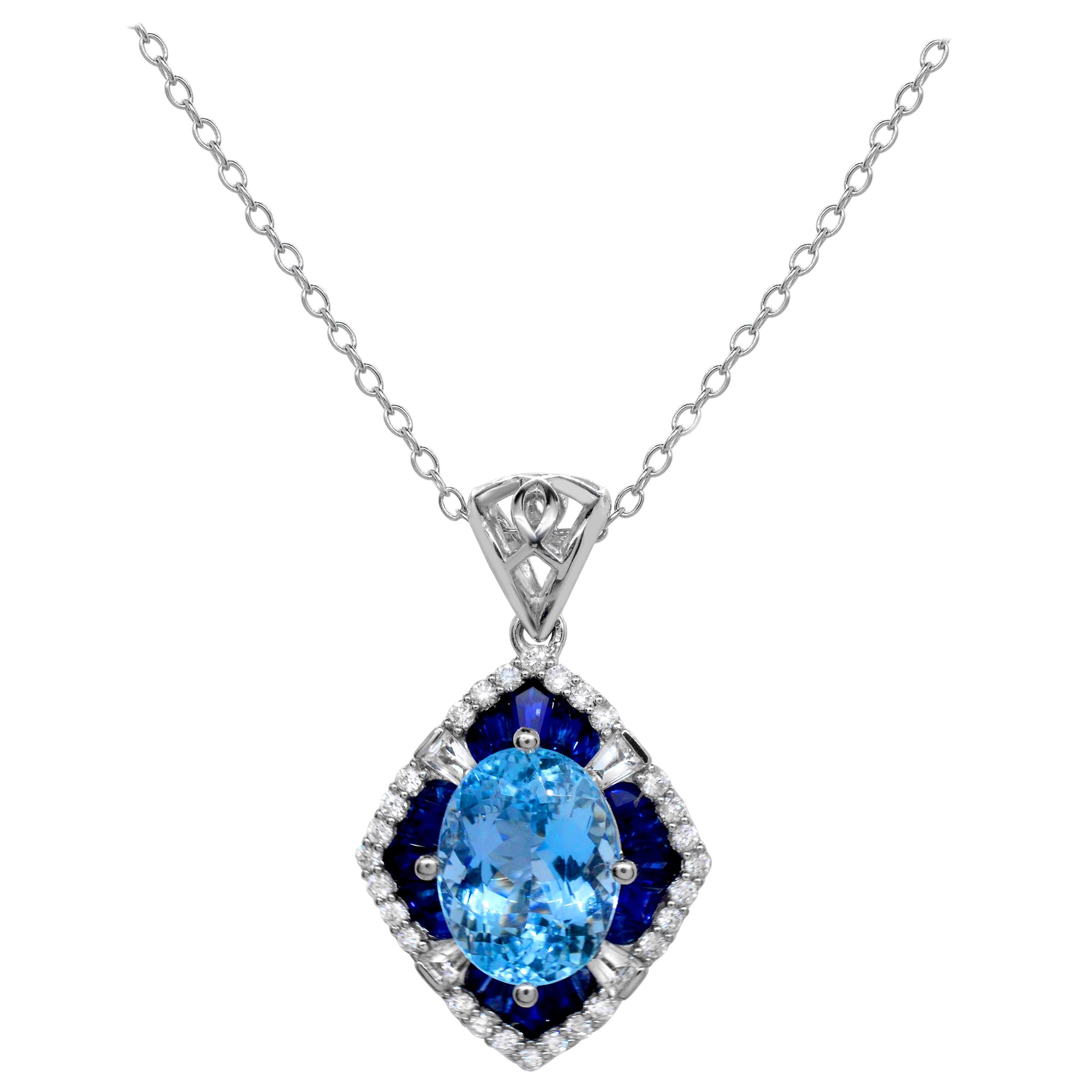 2.49 Carats Aquamarine Sapphire Diamond 14K White Gold Scalloped Necklace