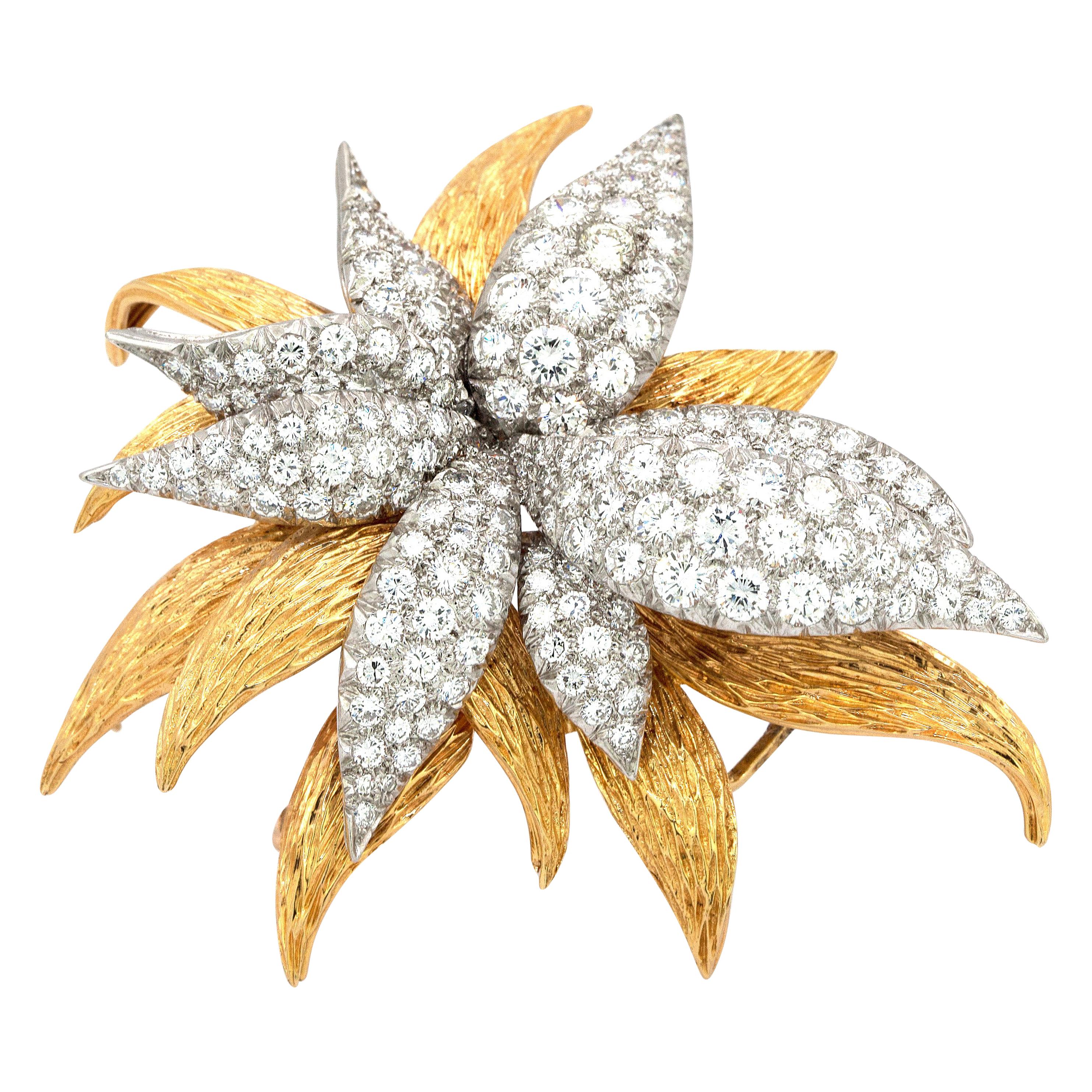 11 Carat White Diamonds Flower French Brooch or Pin For Sale