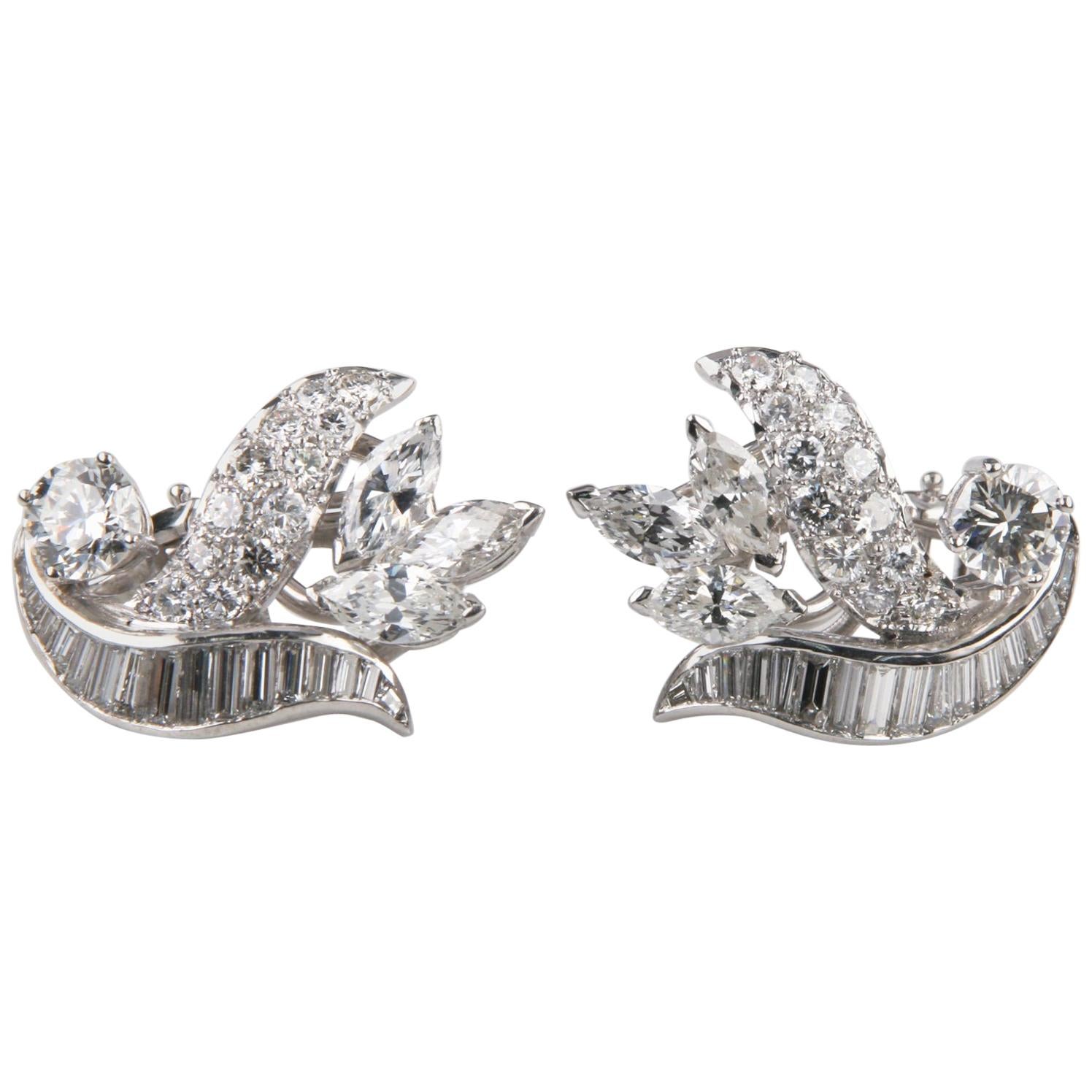 9.00 Carat 14 Karat White Gold Diamond Clip-On Floral Earrings