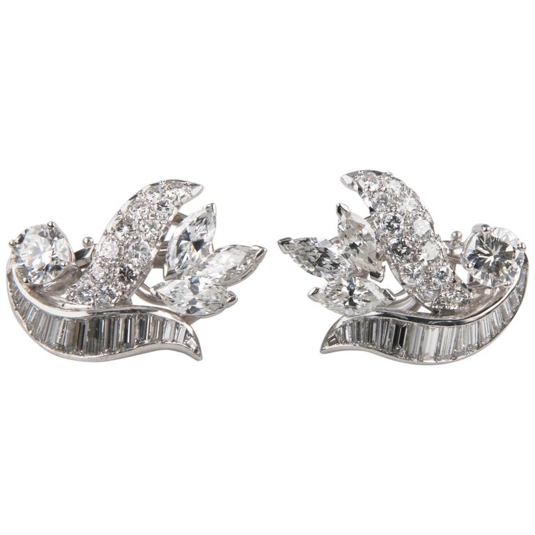 9.00 Carat 14 Karat White Gold Diamond Clip-On Floral Earrings For Sale ...