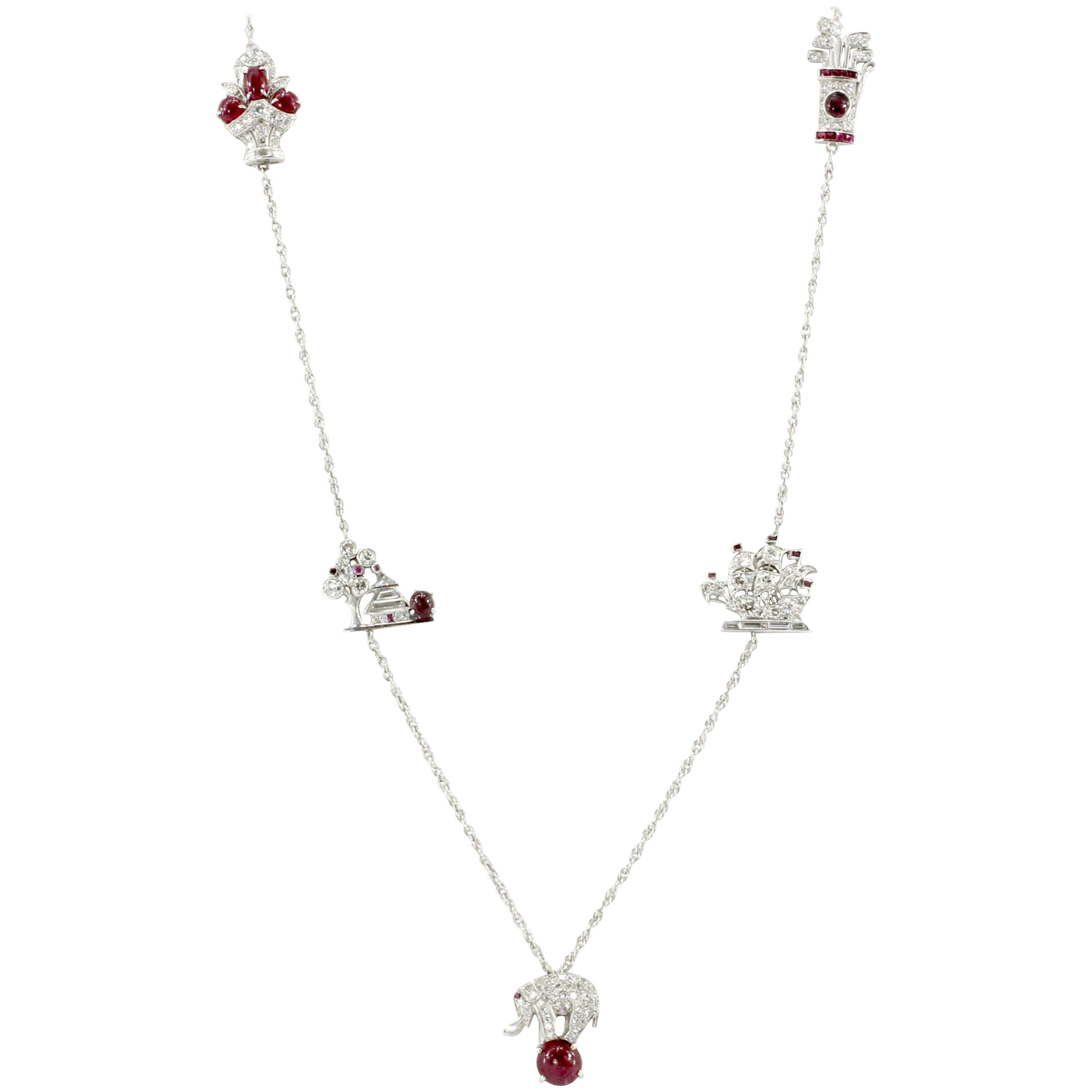 Art Deco White Gold and Platinum Diamond and Ruby Station Necklace