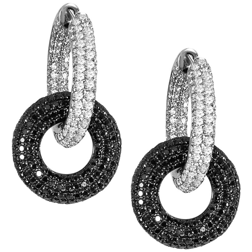 Interlocking Hoop Earrings with White and Black Diamonds Two in One Style For Sale