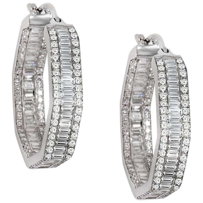 Hexagon Shape Diamond Hoop Earrings 18 Carat White Gold Round Baguette Diamonds For Sale