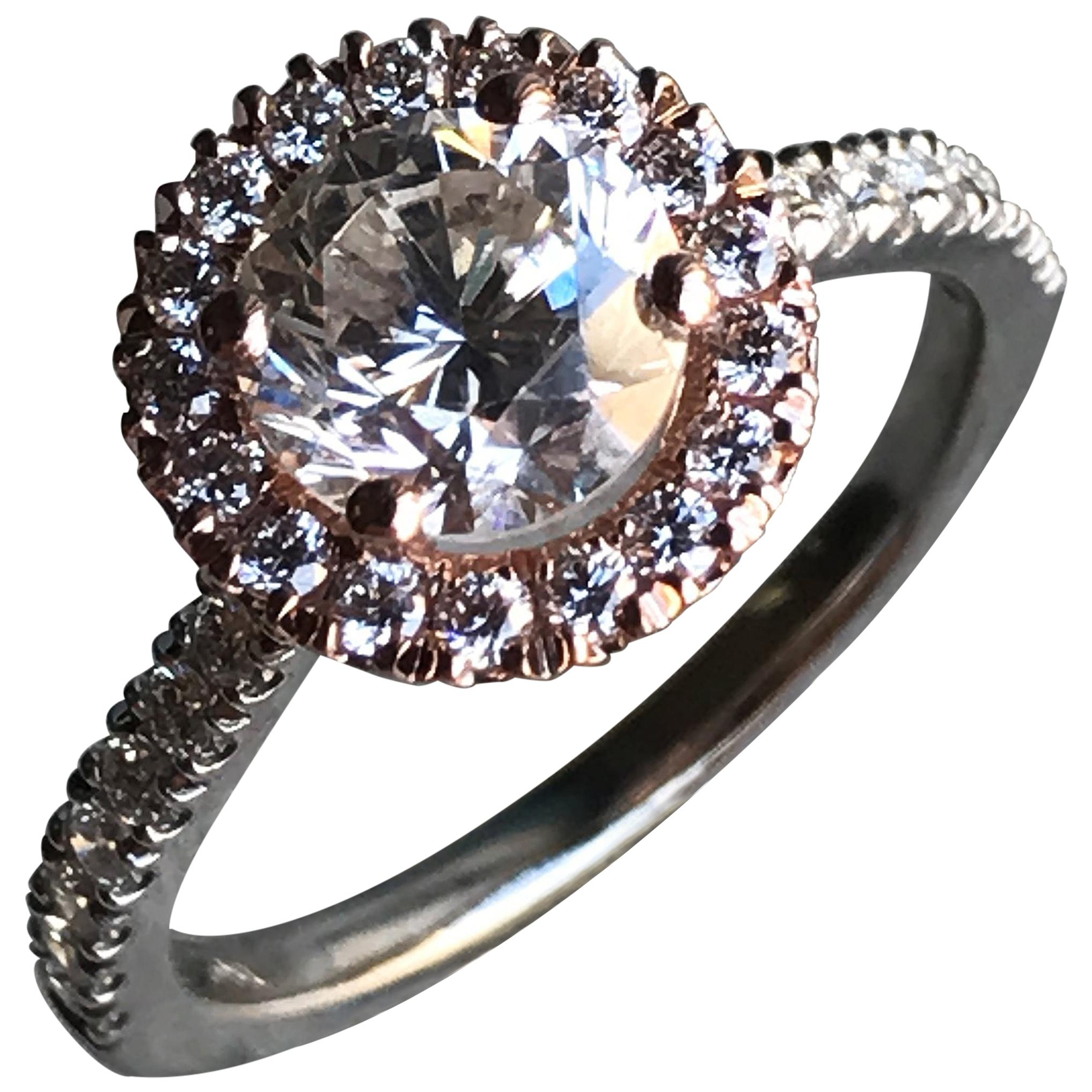 1.25 Carat Approximate Round Halo Diamond Rose and White Gold Ring For Sale