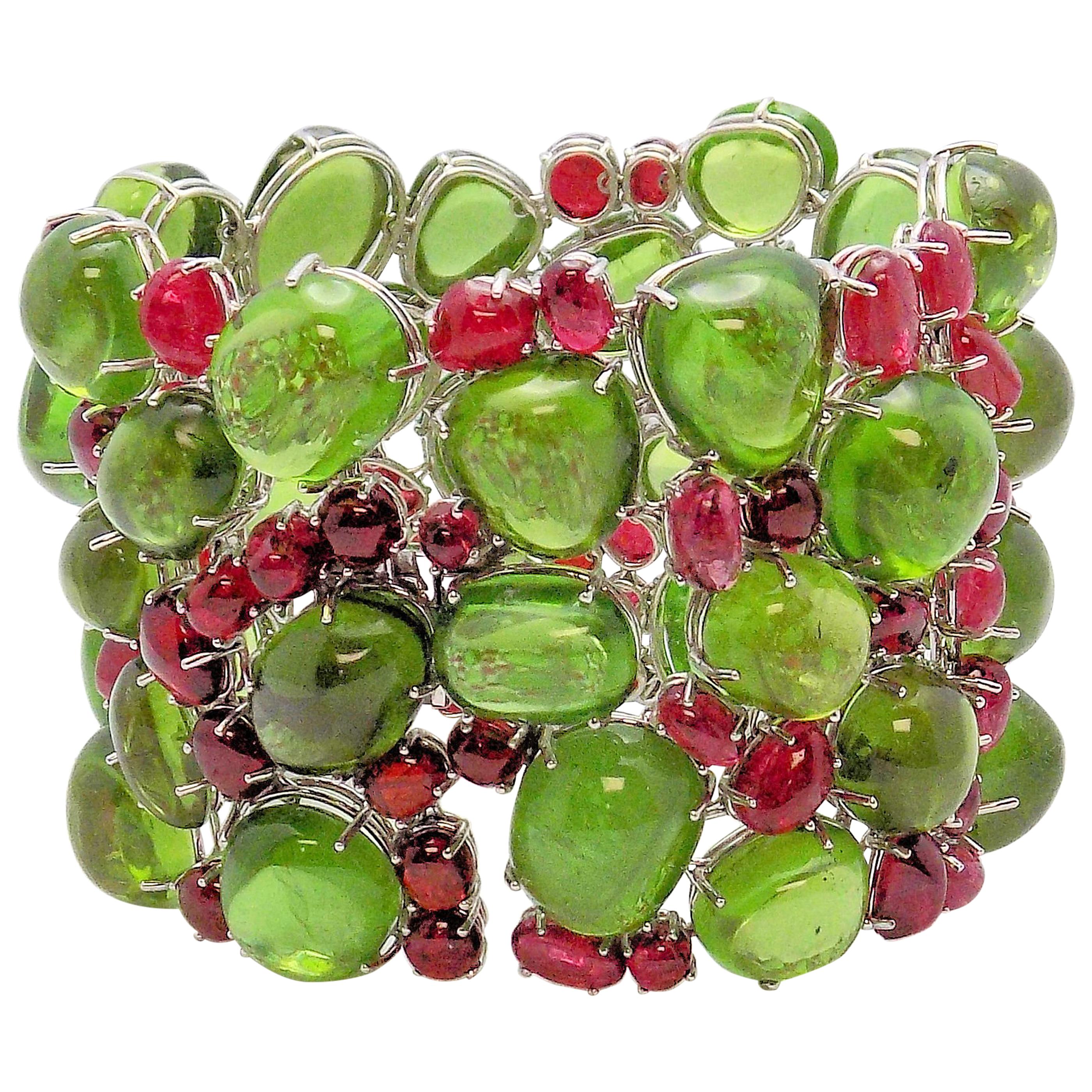 Handmade Peridot and Red Spinel Bracelet For Sale