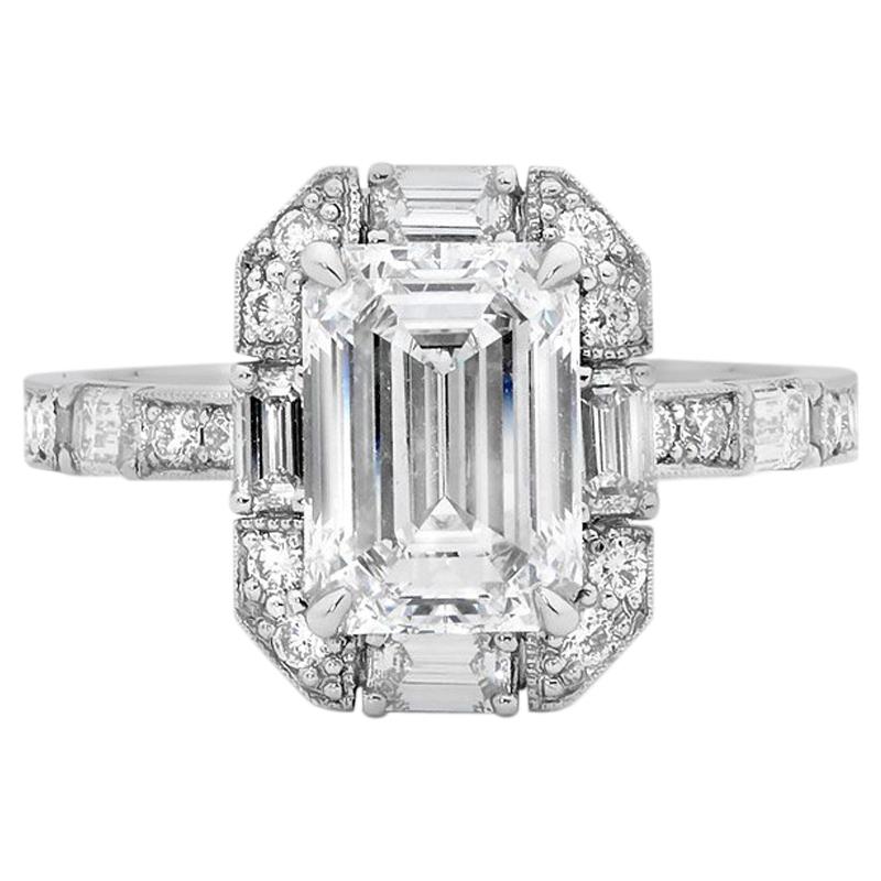 Platinum 2.46 Carat Emerald Cut Diamond Art Deco Engagement Ring For Sale