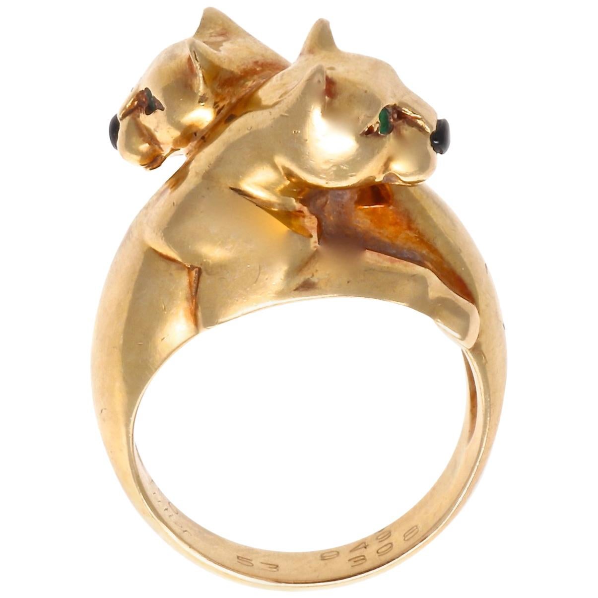 Cartier Double Headed Panther Gemstone Gold Ring