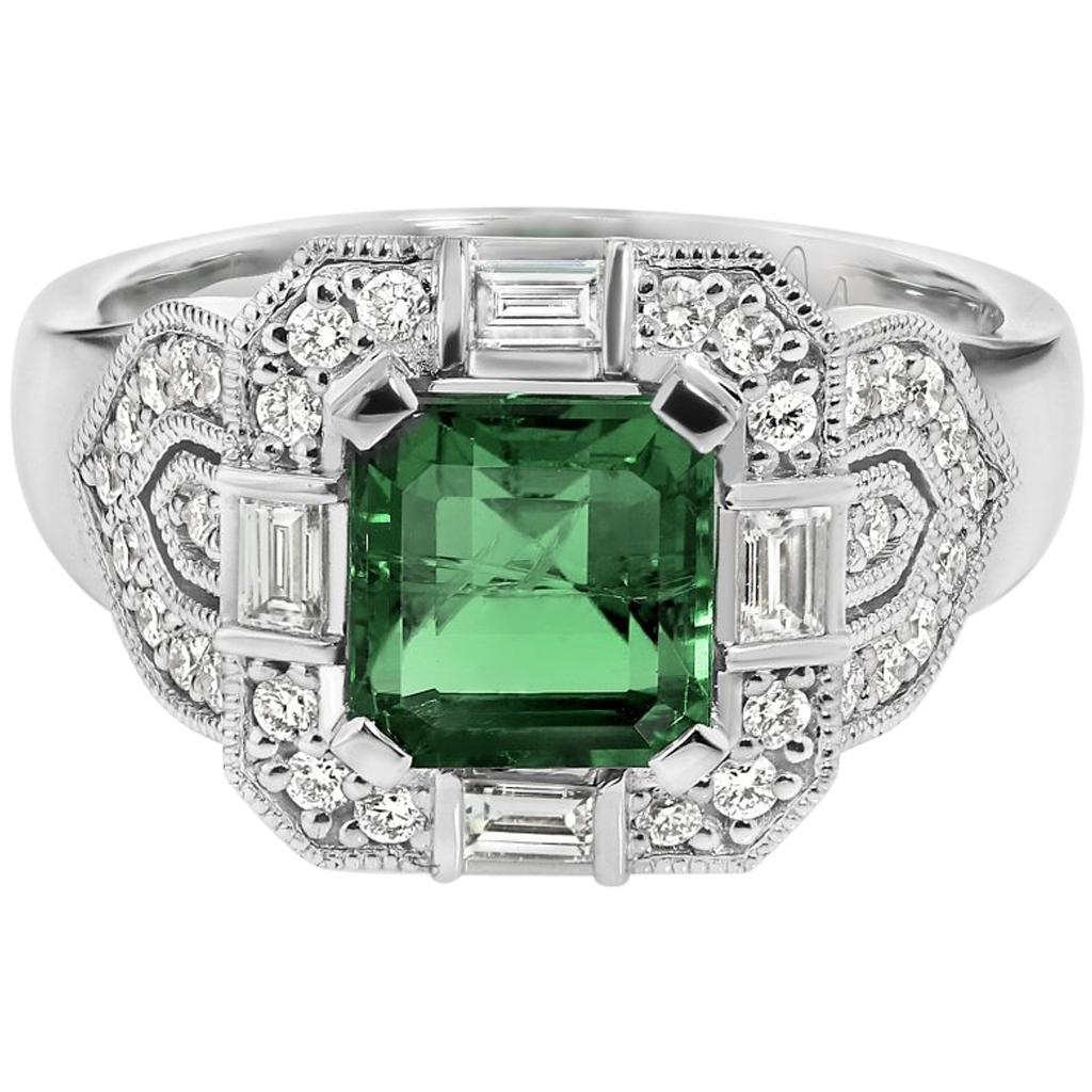 1.70 Carat Emerald and 18 Carat White Gold Diamond Art Deco Ring For Sale