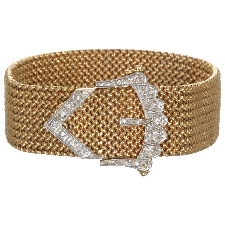 Vintage 18 Karat Gold Mesh Bracelet with Diamond Buckle at 1stDibs