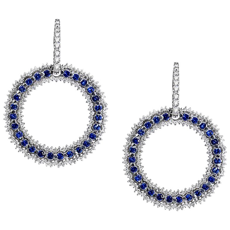 Sapphire and Diamond Hanging Dangle Hoop Earrings 18k White Gold  For Sale