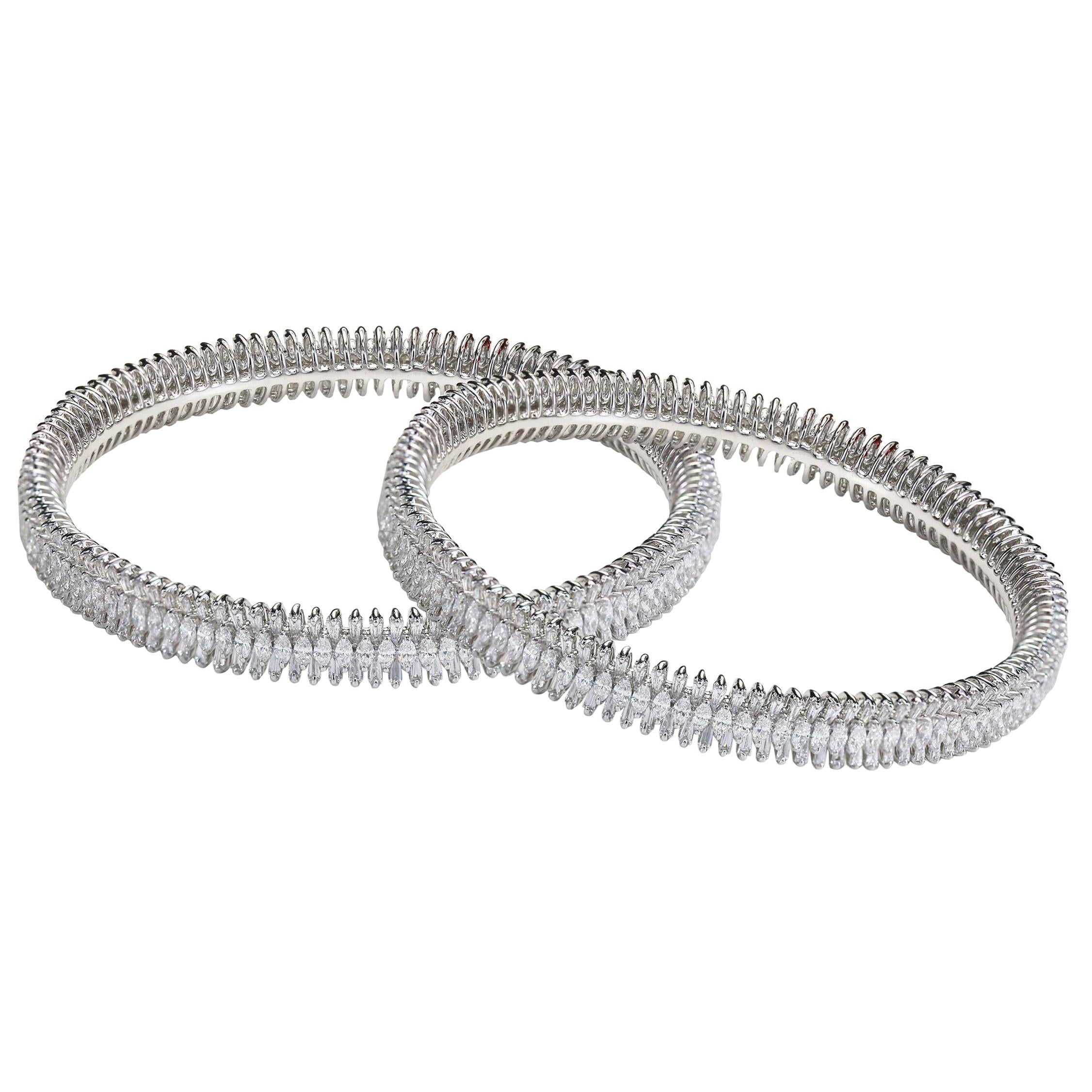 Studio Rêves Baguette and Marquise Diamonds Bangles in 18 Karat White Gold For Sale