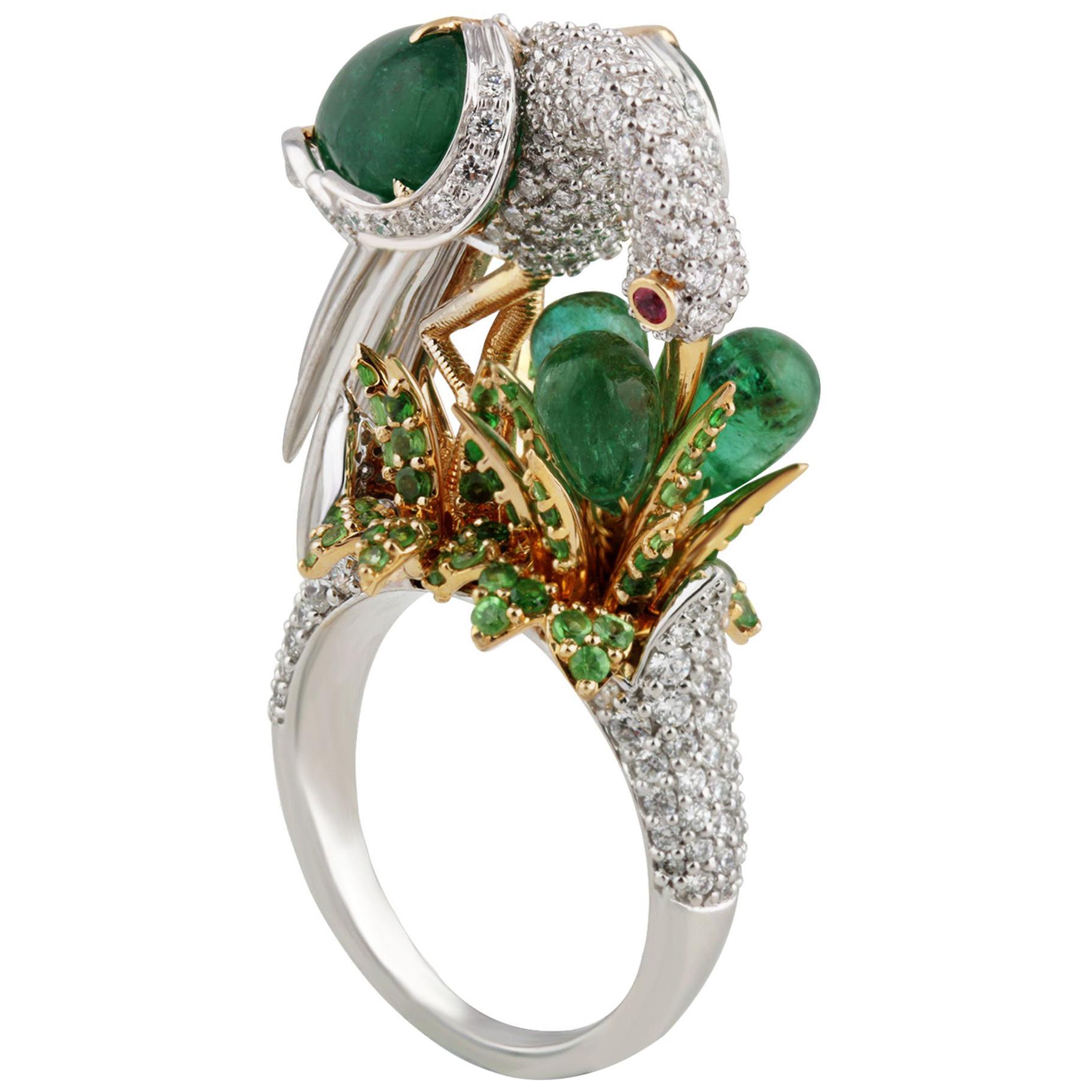 Studio Rêves Crane Ring in 18K Gold and Diamonds with Emeralds and Tsavorites