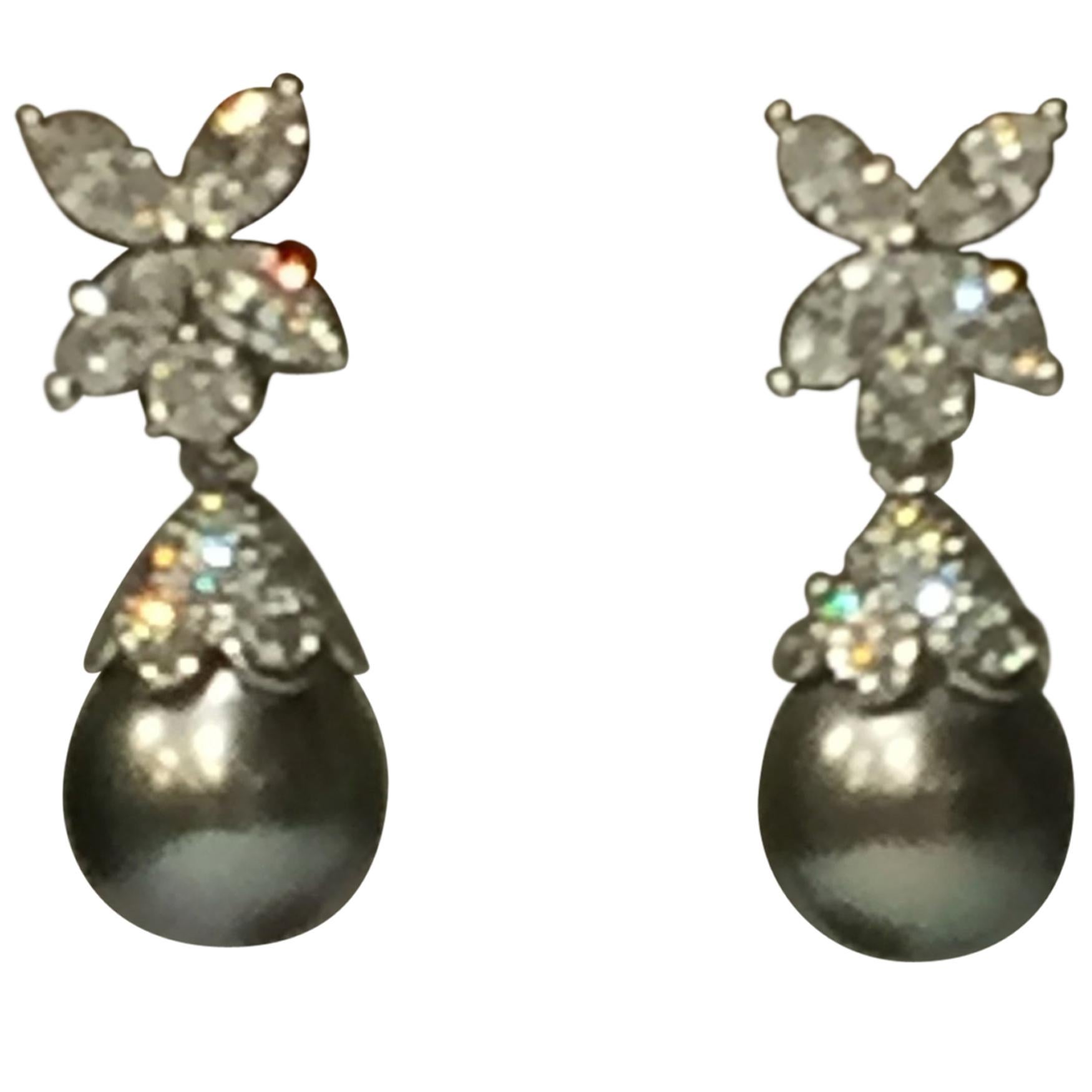 Tiffany & Co. "Victoria" Diamond and Tahitian Pearl Platinum Earrings