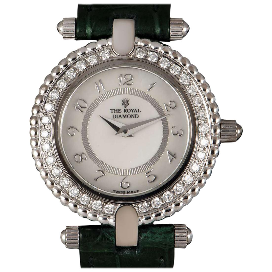 The Royal Diamond Ladies White Gold White Mother of Pearl Dial Quartz Watch