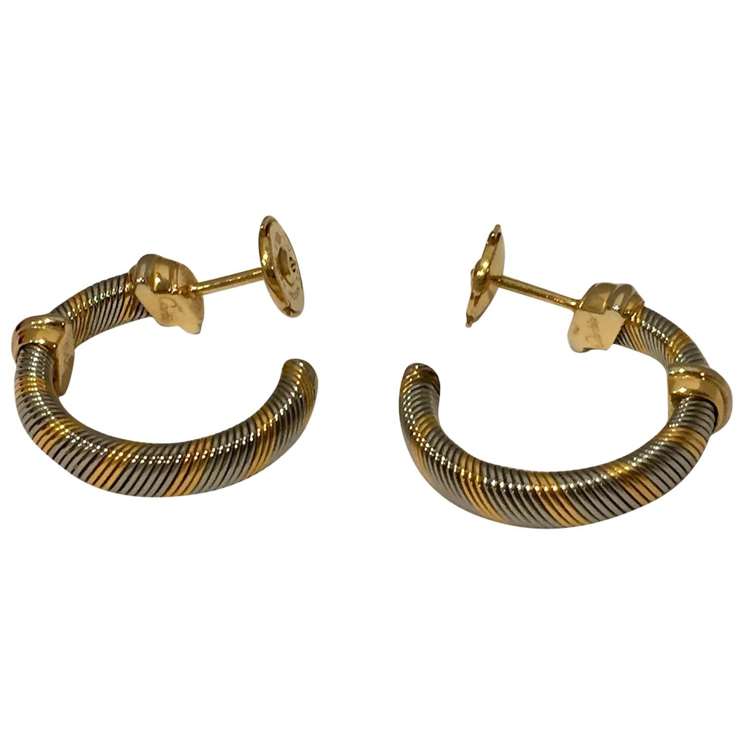 Cartier 1980s 18 Karat Yellow Gold and Stainless Steel Hoop Earrings