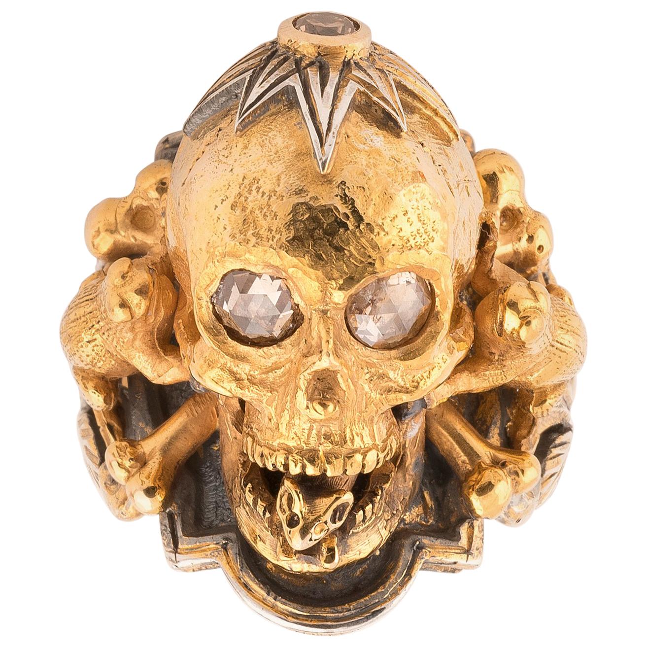Bernardo Large Gold Silver Diamond Skull Ring