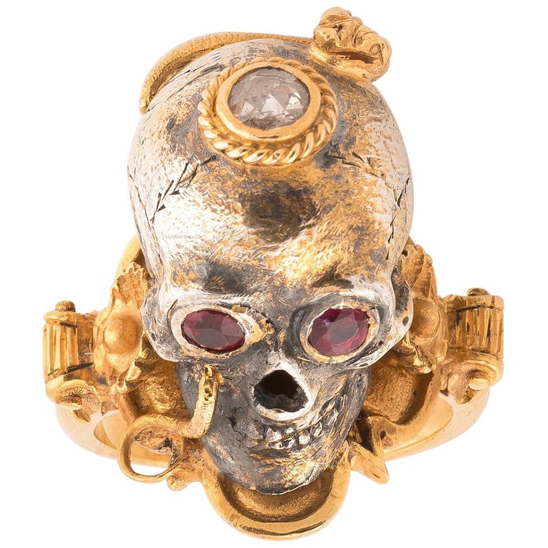 Bernardo Großer Gold Silber Diamant und Rubin Schädel Ring 1