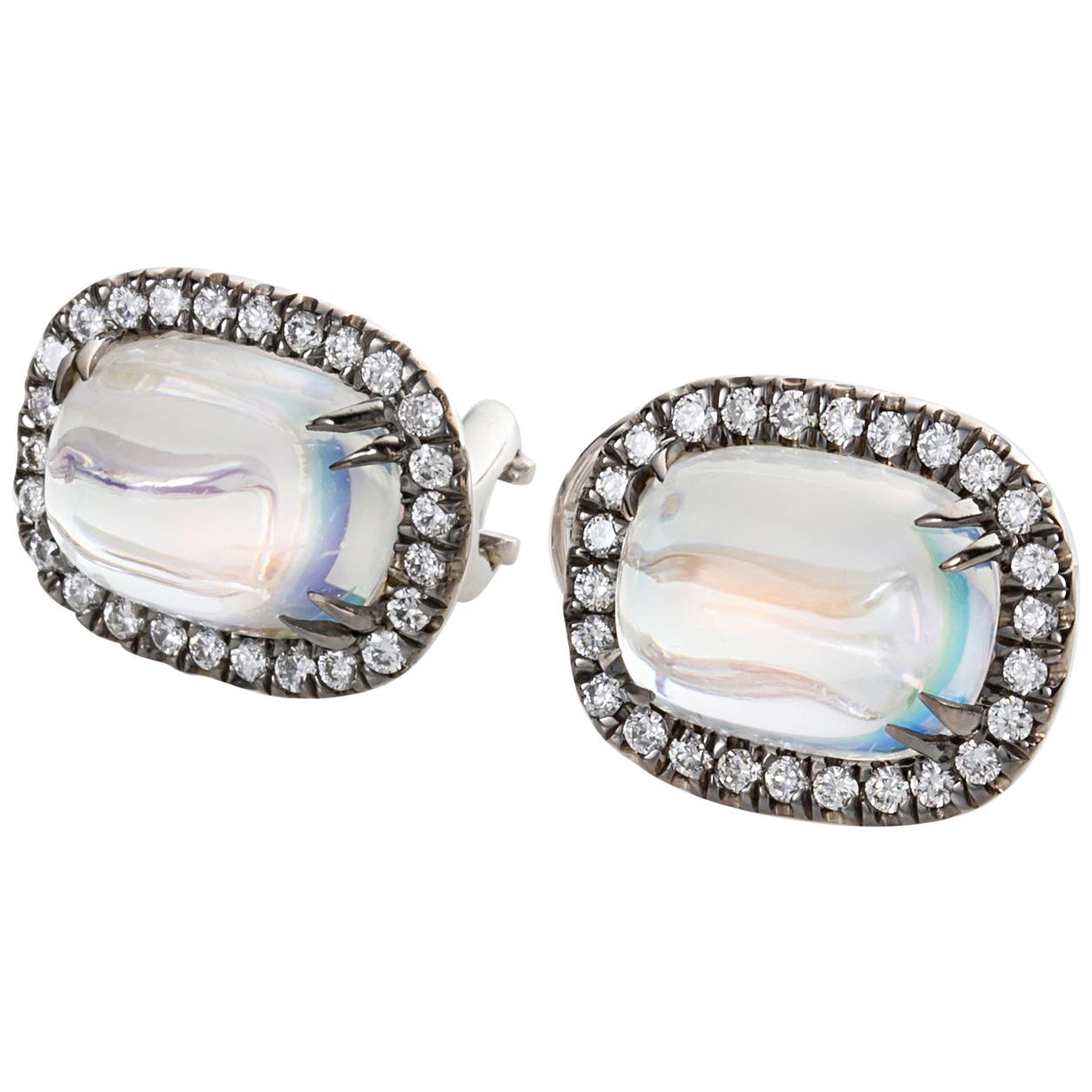 9.56 Carat Rainbow Moonstone & Diamond 18 Karat White Gold Earrings