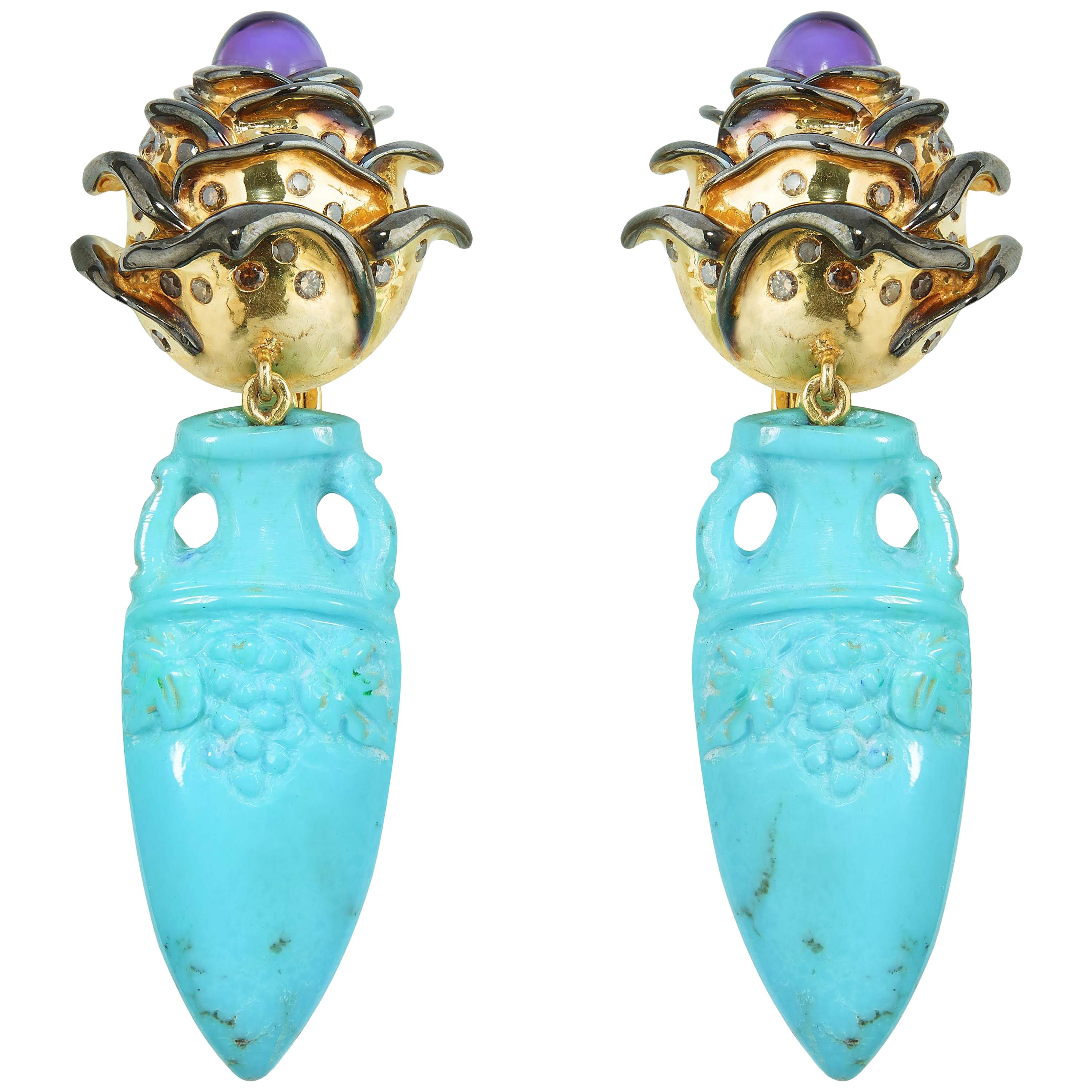 Sylvie Corbelin Turquoise and Amethyst Amphora Earrings in Gold and Silver For Sale