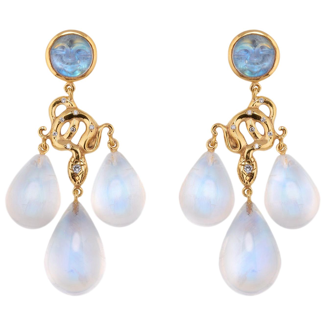 Sylvie Corbelin Moonstone and Diamond Chandelier Earrings in 18K Gold and Silver For Sale