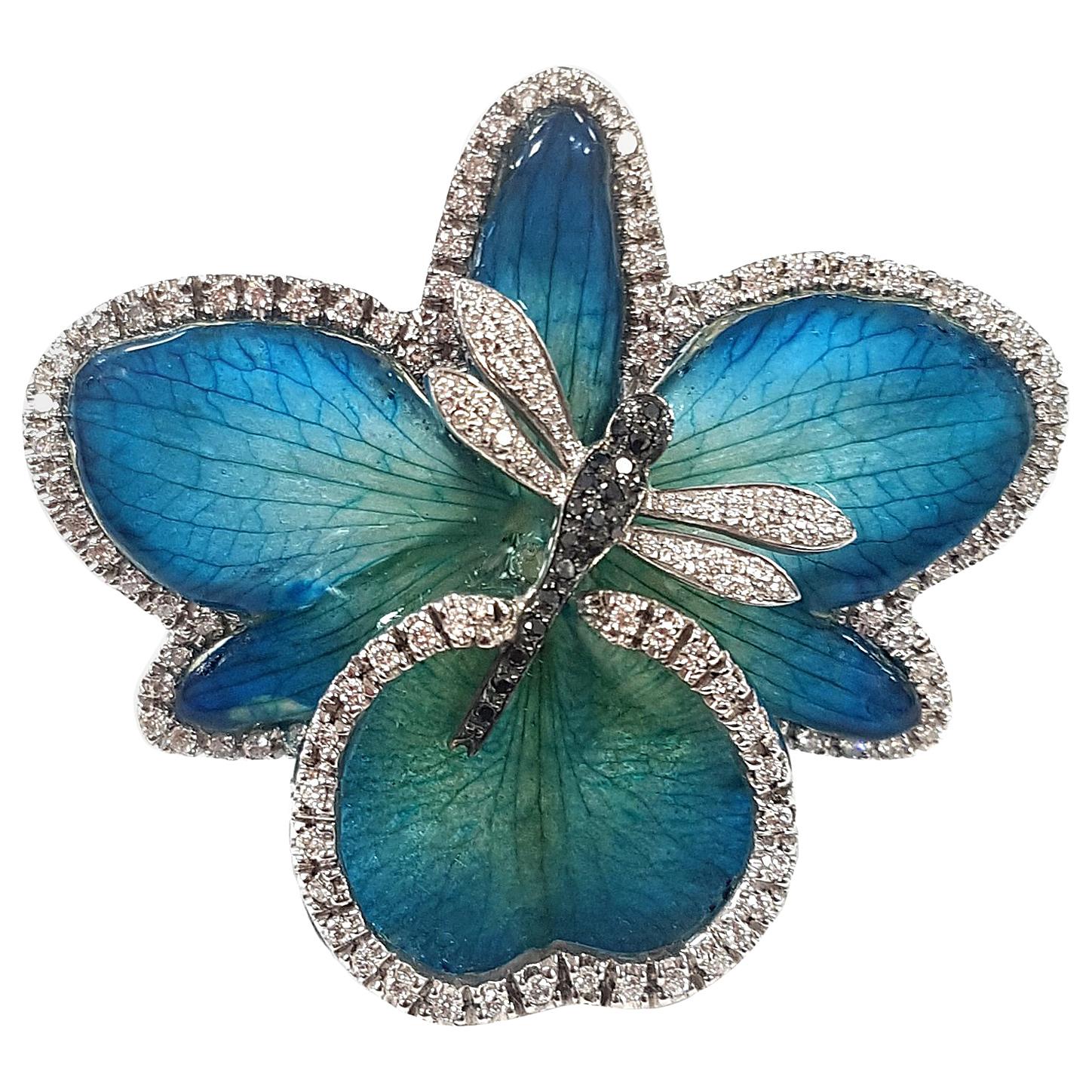 Real Flower with Zircon Dragonfly and 925 Silver Cocktail Ring