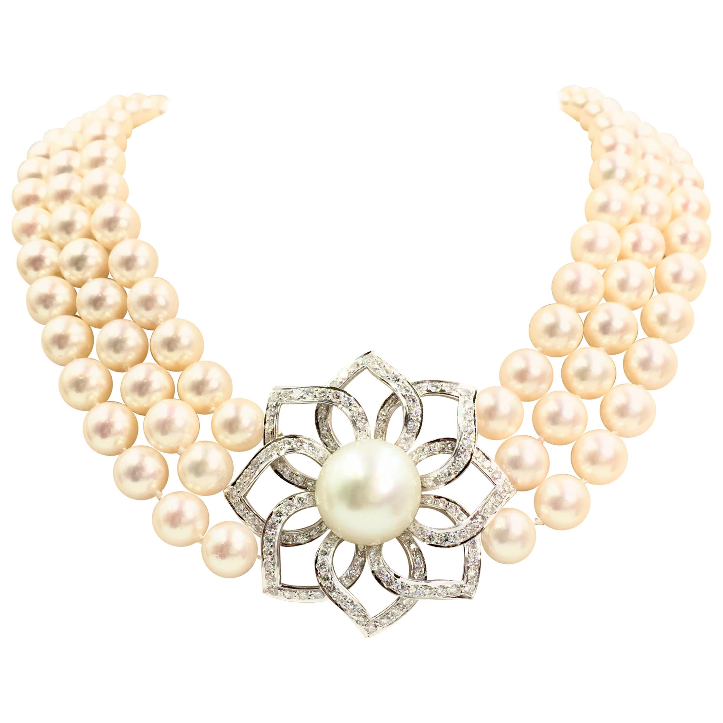 18 Karat Triple Strand Pearl Necklace with Diamond and South Sea Pearl Pendant