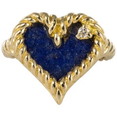 1960s Vintage Lapis Lazuli Diamond Heart Shape Yellow Gold Ring
