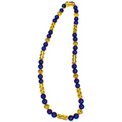 Retro GEMOLITHOS Granulation Technique 22 Karat Gold and Lapis Lazuli Necklace, 1970s