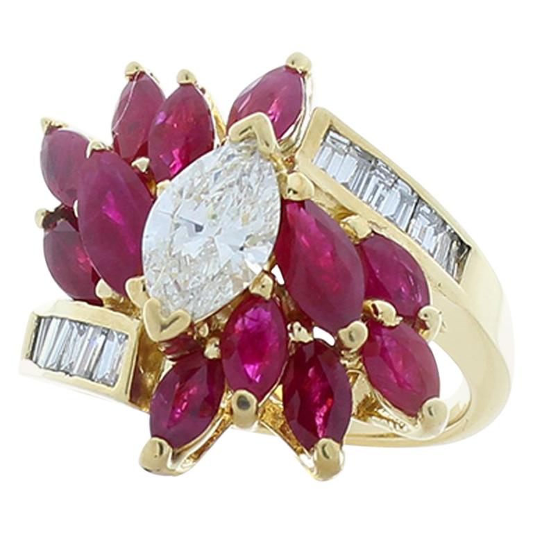 0.70 Carat Marquise Diamond, Marquise Rubies and Baguette Diamond ...