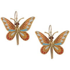 Moving Enamel Butterfly Drop Earrings in 18 Karat Brushed Yellow Gold 