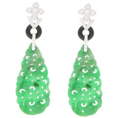 Jadeite Enamel Diamond Drop Gold Earrings