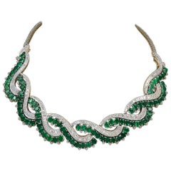 30 Ct Colombian Emerald &  Diamond Bridal Collar Necklace 18 Karat White Gold