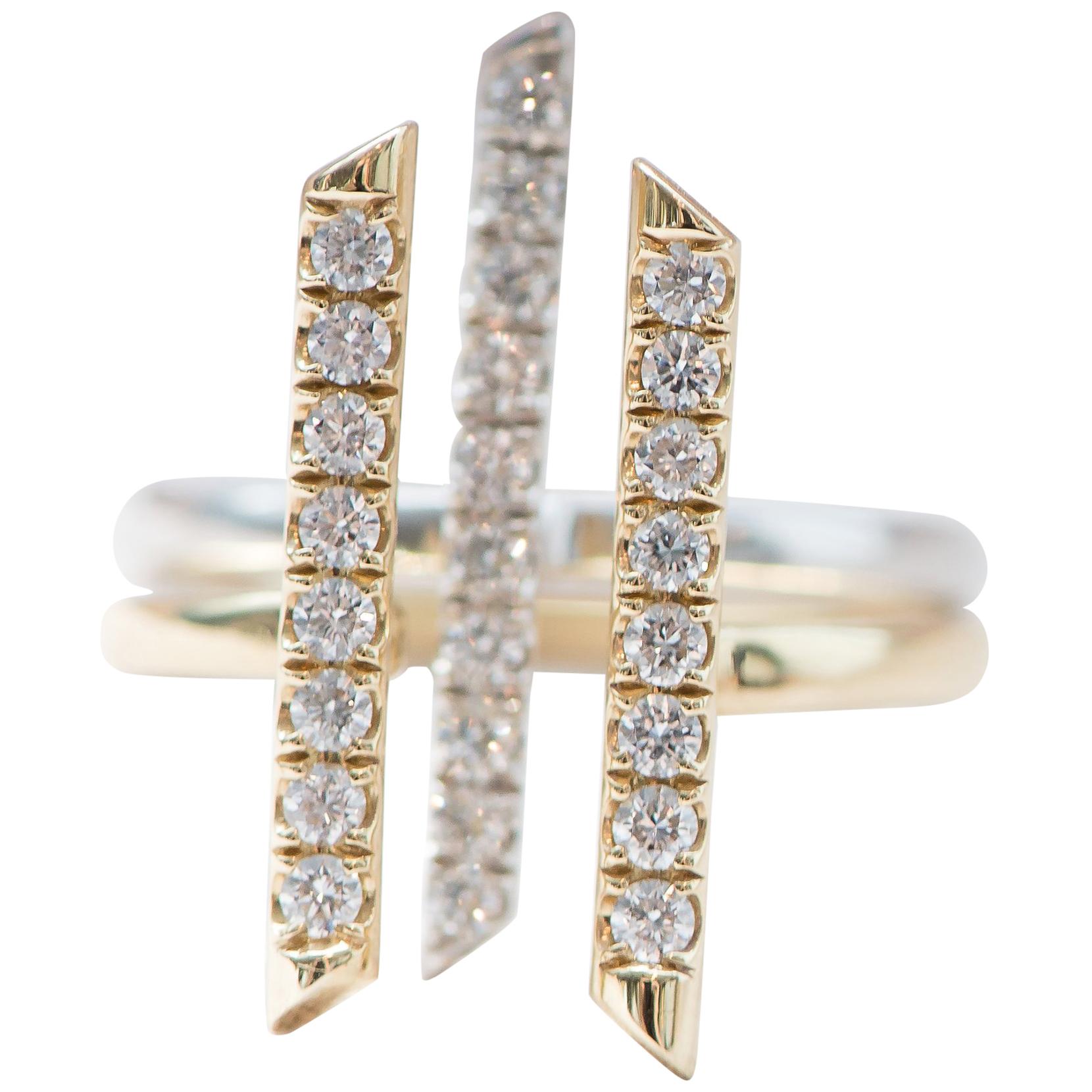 18 Karat Yellow Gold and Diamond "Sticks and Stones" Double Bar Ring For Sale