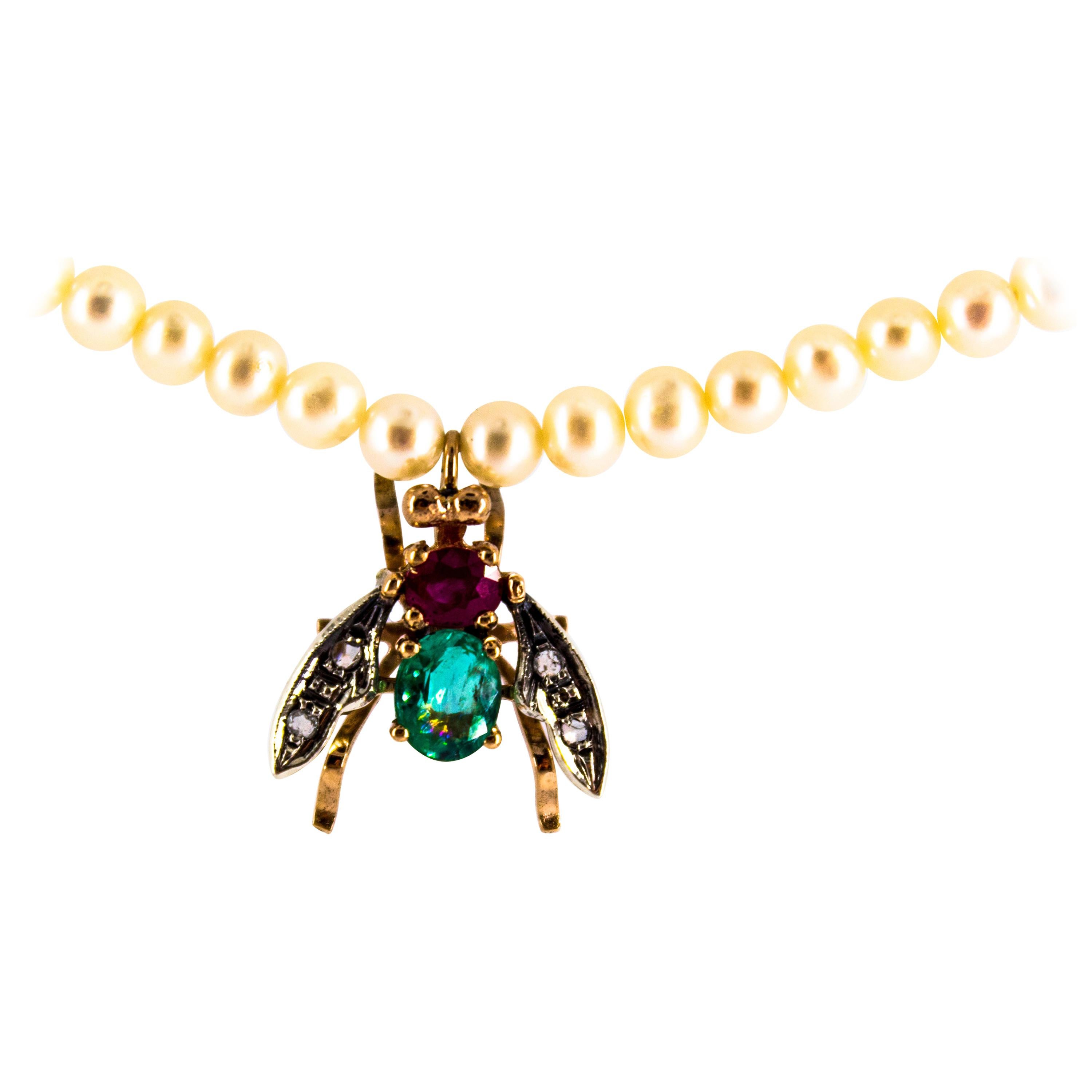 1.38 Carat Diamond Ruby Emerald Pearl Yellow Gold Fly Pendant Beaded Necklace
