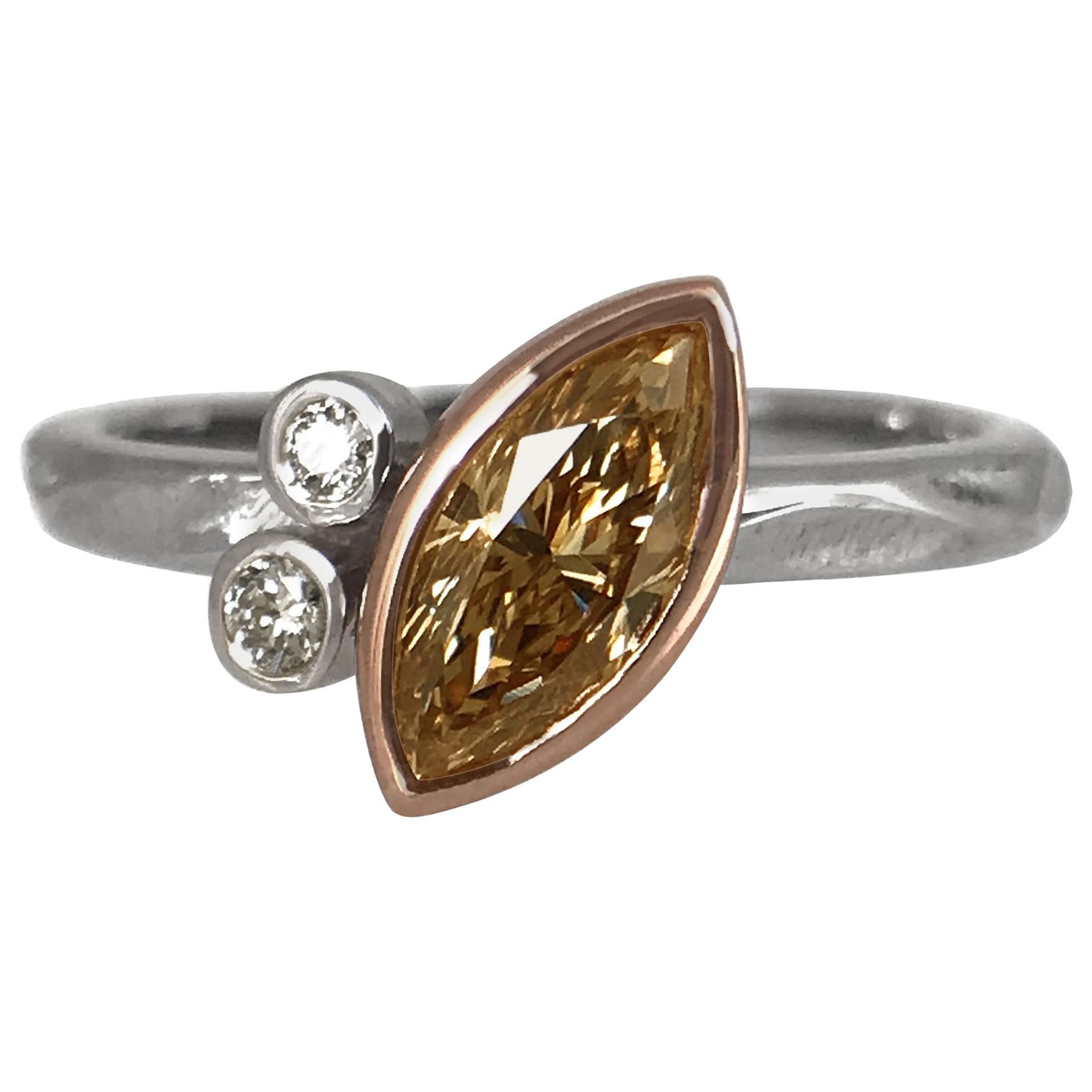 14 Karat White Gold Ring Featuring a Marque Shaped 0.48 Carat Brown Diamond For Sale