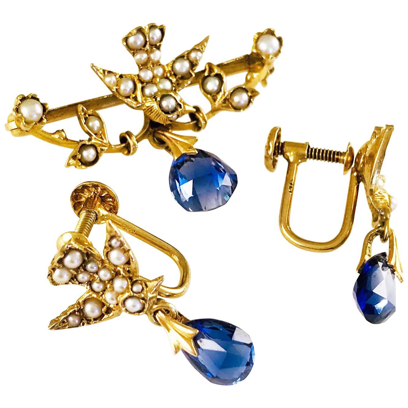 14 Karat Gold Bird Sapphire Seed Pearl Pin and Earring Set For Sale