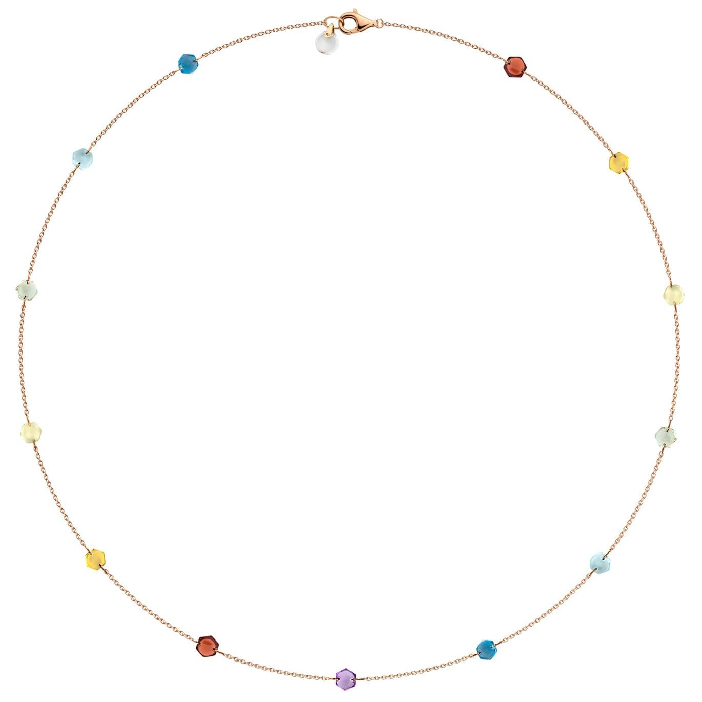 Contemporary 18 Karat Gold Link Chain with 15 Natural Rainbow Crystal Charms