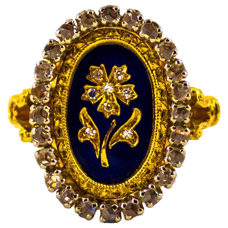 Renaissance Style 0.80 Carat White Diamond Blue Enamel Yellow Gold Cocktail Ring