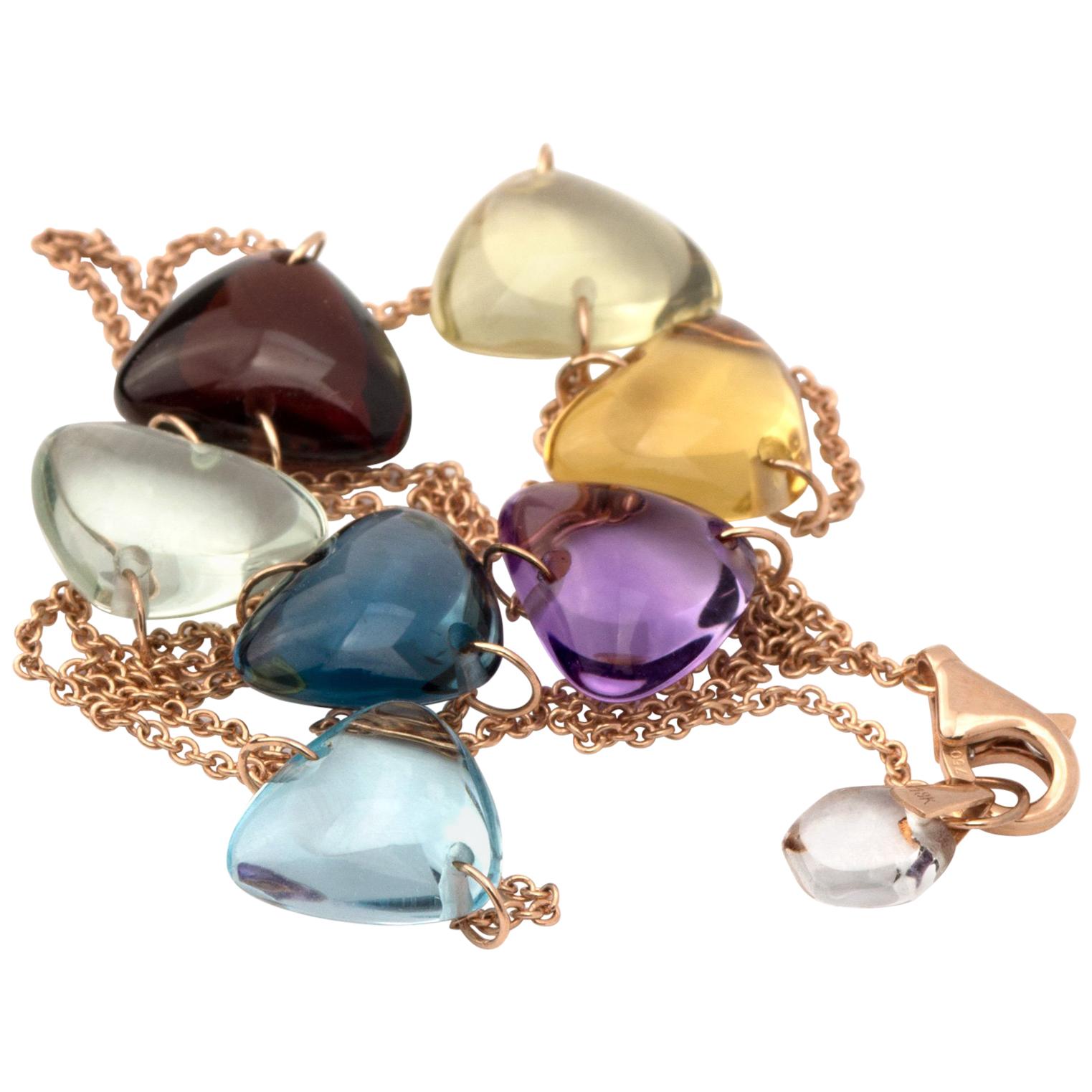 Contemporary 18 Karat Gold Link Chain with 7 Natural Rainbow Crystal Triangles