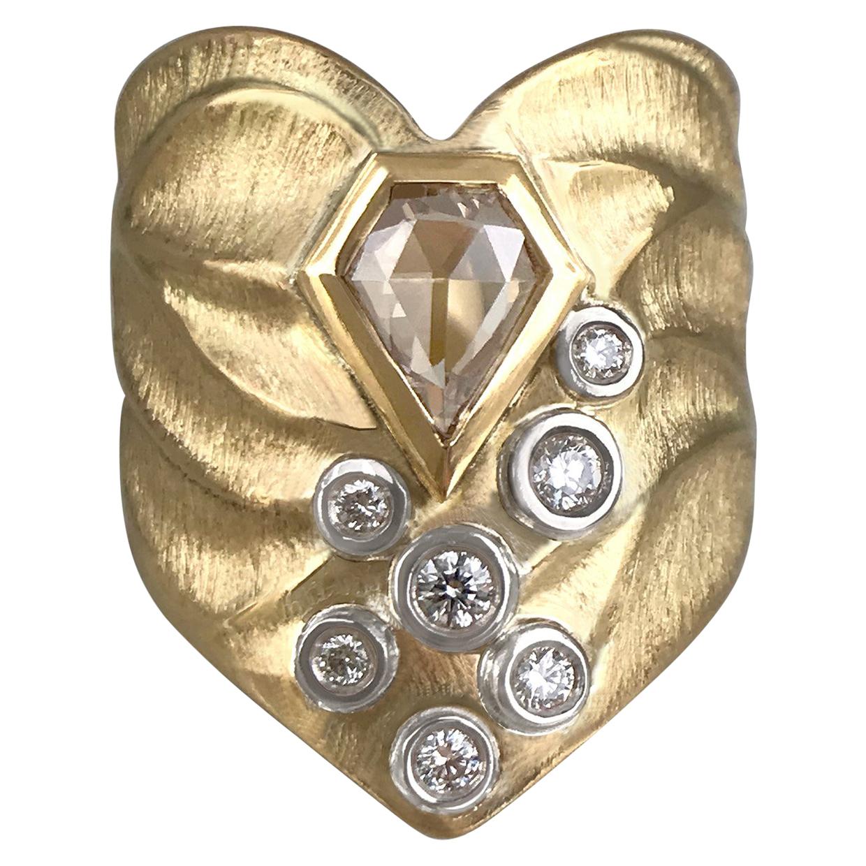 18 Karat Yellow Gold Ring Featuring a 0.44 Carat Kite Shape Champagne Diamond