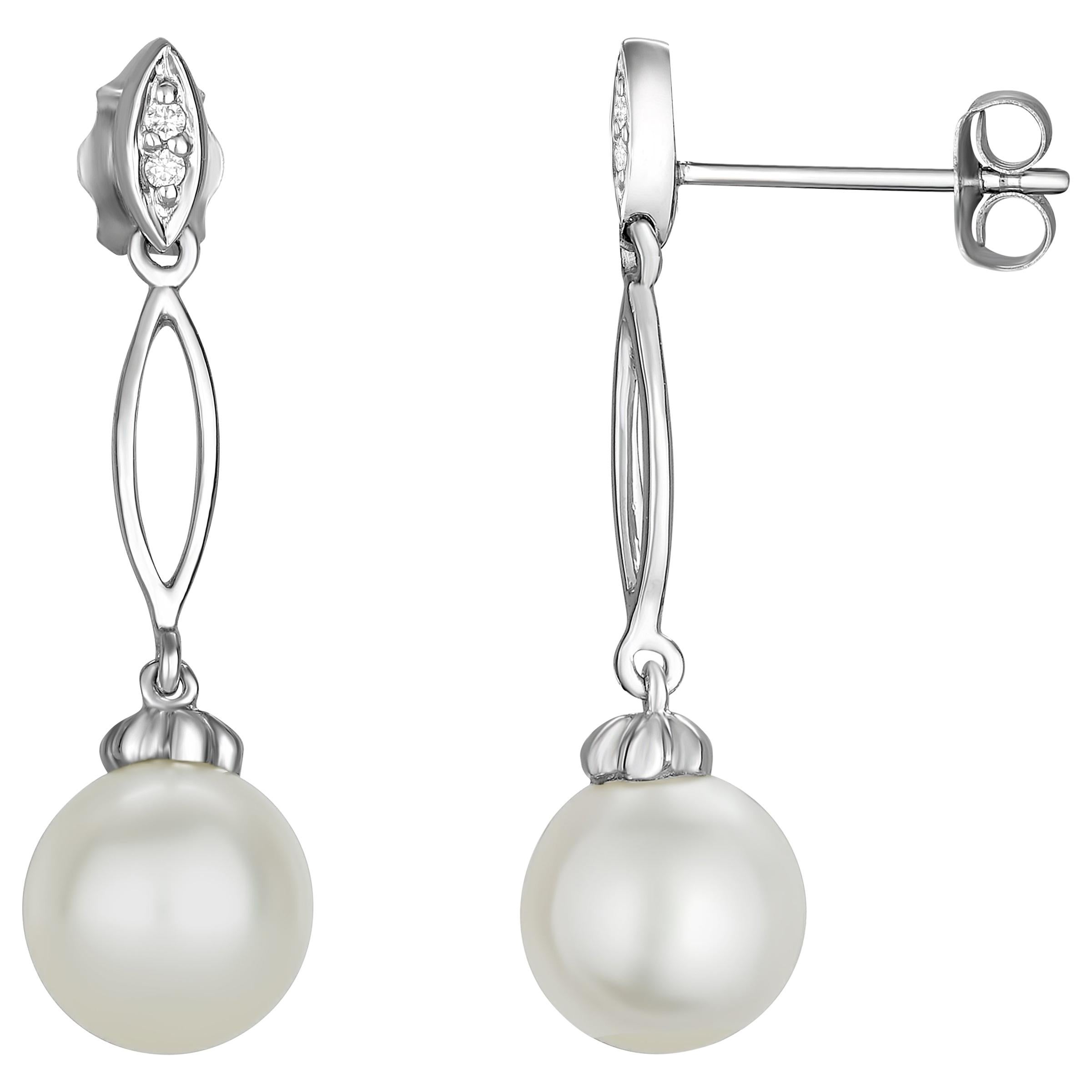 14 Karat Gold Dangle Earrings with Genuine Diamond 4RD/0.02 Carat and AAA+ Pearl For Sale