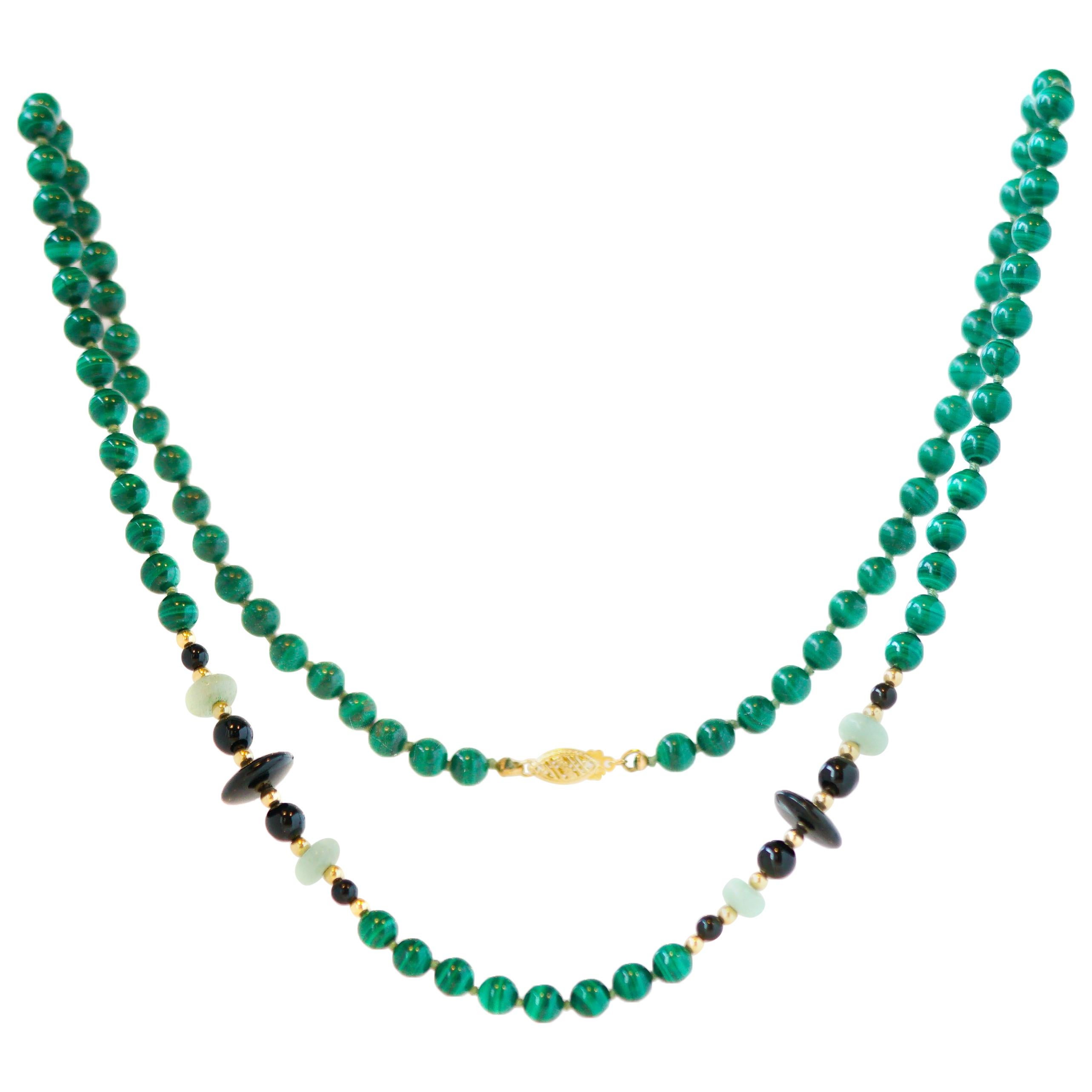 1950s Malachite, Jade and Onyx Bead 14 Karat Gold Necklace
