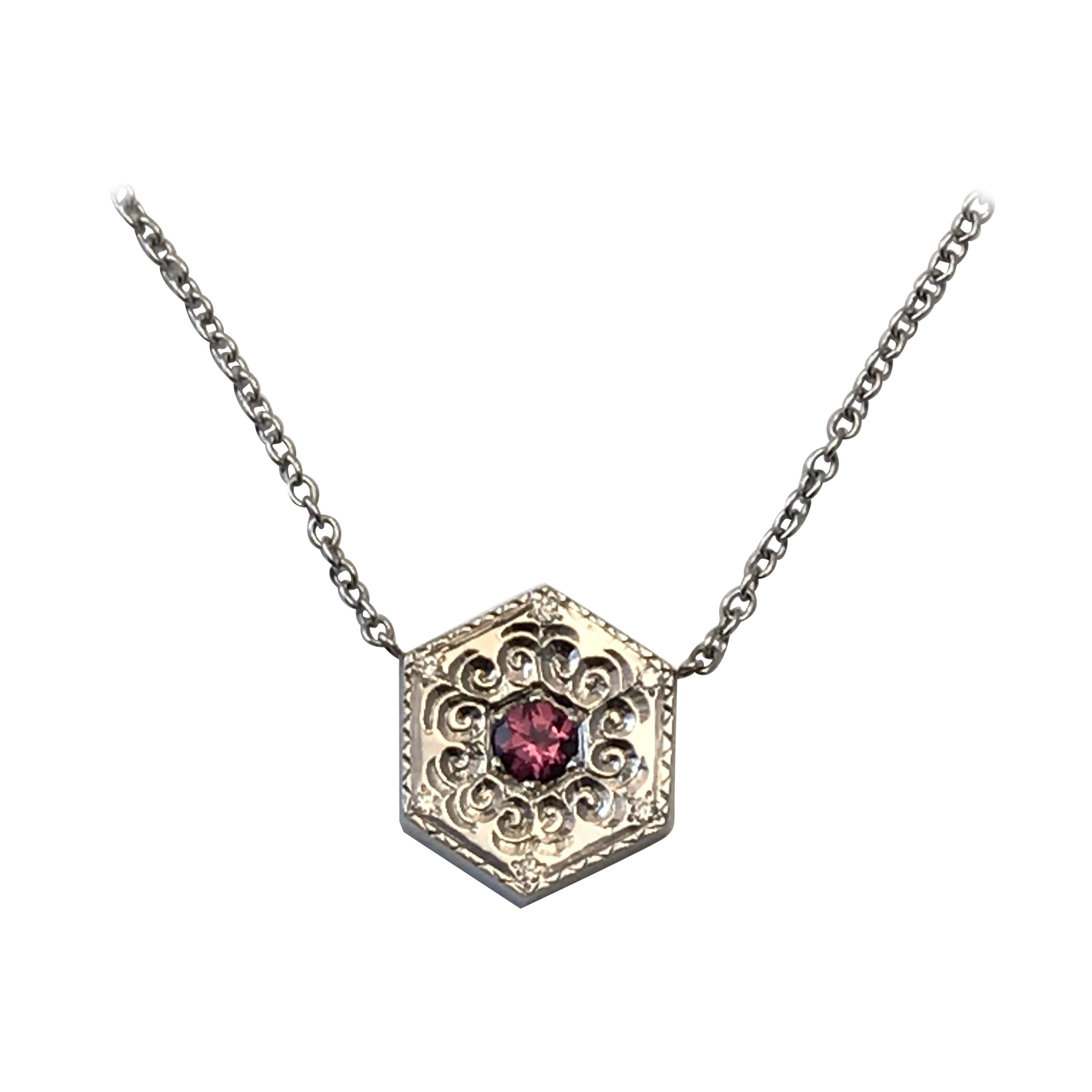 Hexagon Necklace in 14 Karat White Gold and Gems-White and Pink For Sale