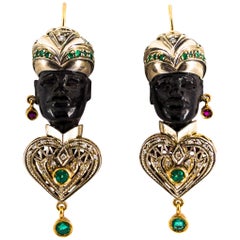 2.30 Carat White Diamond Emerald Ruby Ebony Yellow Gold Moor of Venice Earrings