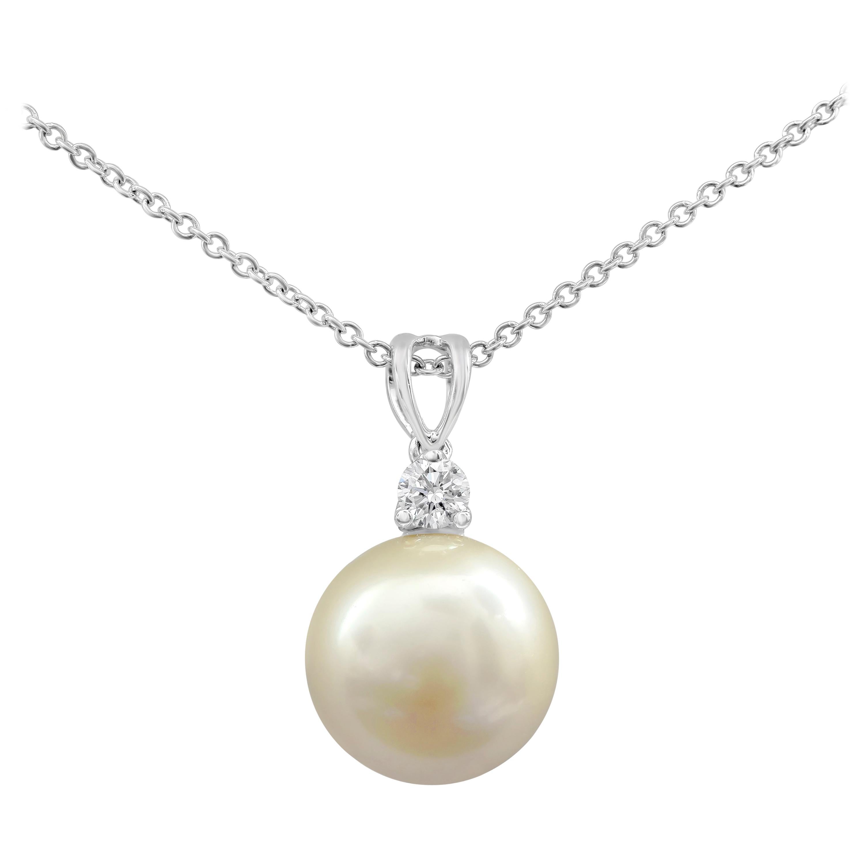 Roman Malakov 12 millimeter South Sea Pearl and Round Diamond Pendant Necklace